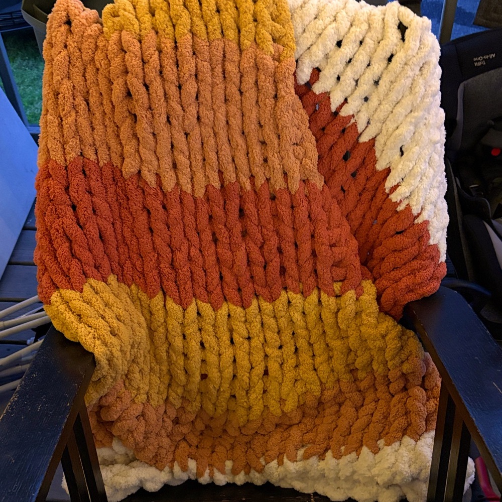 Chunky Knit Blanket in Orange, Yellow, and White
